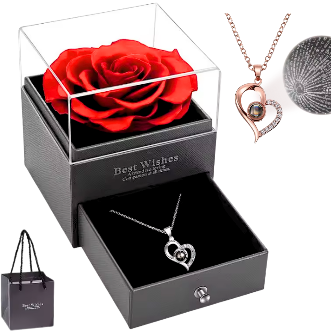 Colgante "Te Quiero" en 100 Idiomas y Rosa Roja Eterna