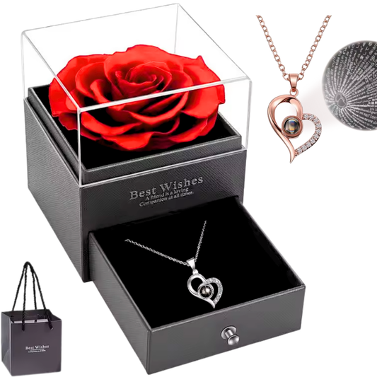 Colgante "Te Quiero" en 100 Idiomas y Rosa Roja Eterna