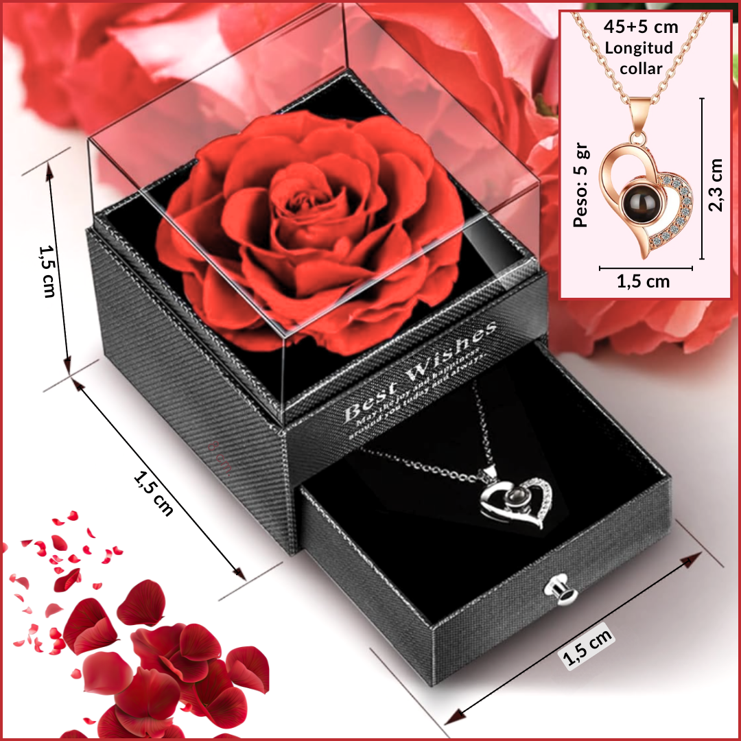 Colgante "Te Quiero" en 100 Idiomas y Rosa Roja Eterna